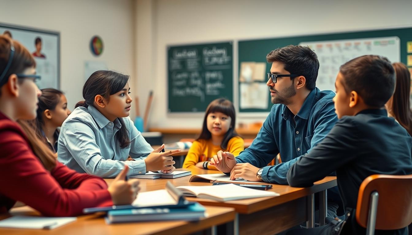 Students studying together in modern classroom